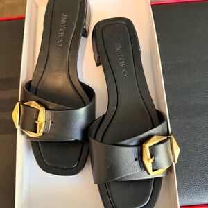 Jimmy Choo Hawke Mule Flat Latte/Gold Ladies Size 6.5 / 36.5 EAC Luxury Leather